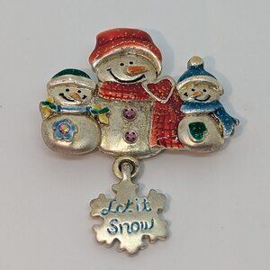 Vintage AJMC Snowman Brooch Pin With Dangling Snowflake Let It Snow Design